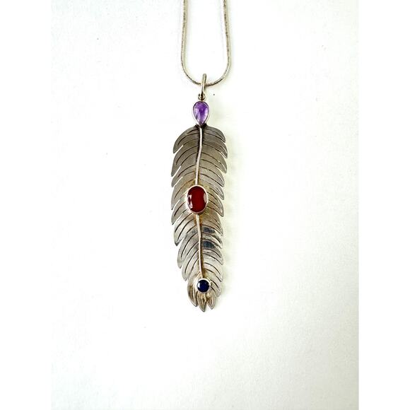 Feather Pendant Amethyst Imperial Garnet Blue Sapphire Sterling Silver - Picture 4 of 6